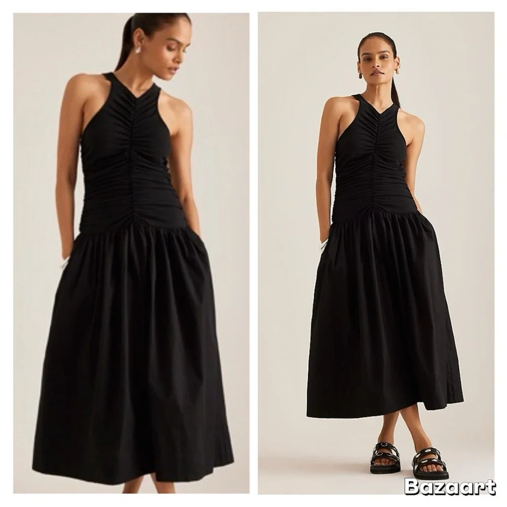 By Anthropologie Twofer Halter Drop-Waist Midi Dress Sz M - Picture 2 of 14